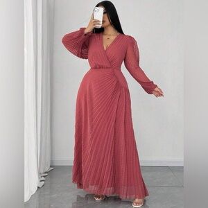 Long Sleeve Pink  Dress Wedding Guest Dress Plus Size Curve Elegant